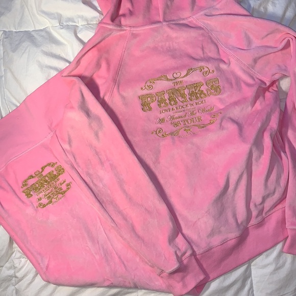 NEW Y2K PINK VELOUR WIDE LEG PANT FULL ZIP HOODIE THE PINKS LOVE & ROCK N ROLL - Picture 12 of 16